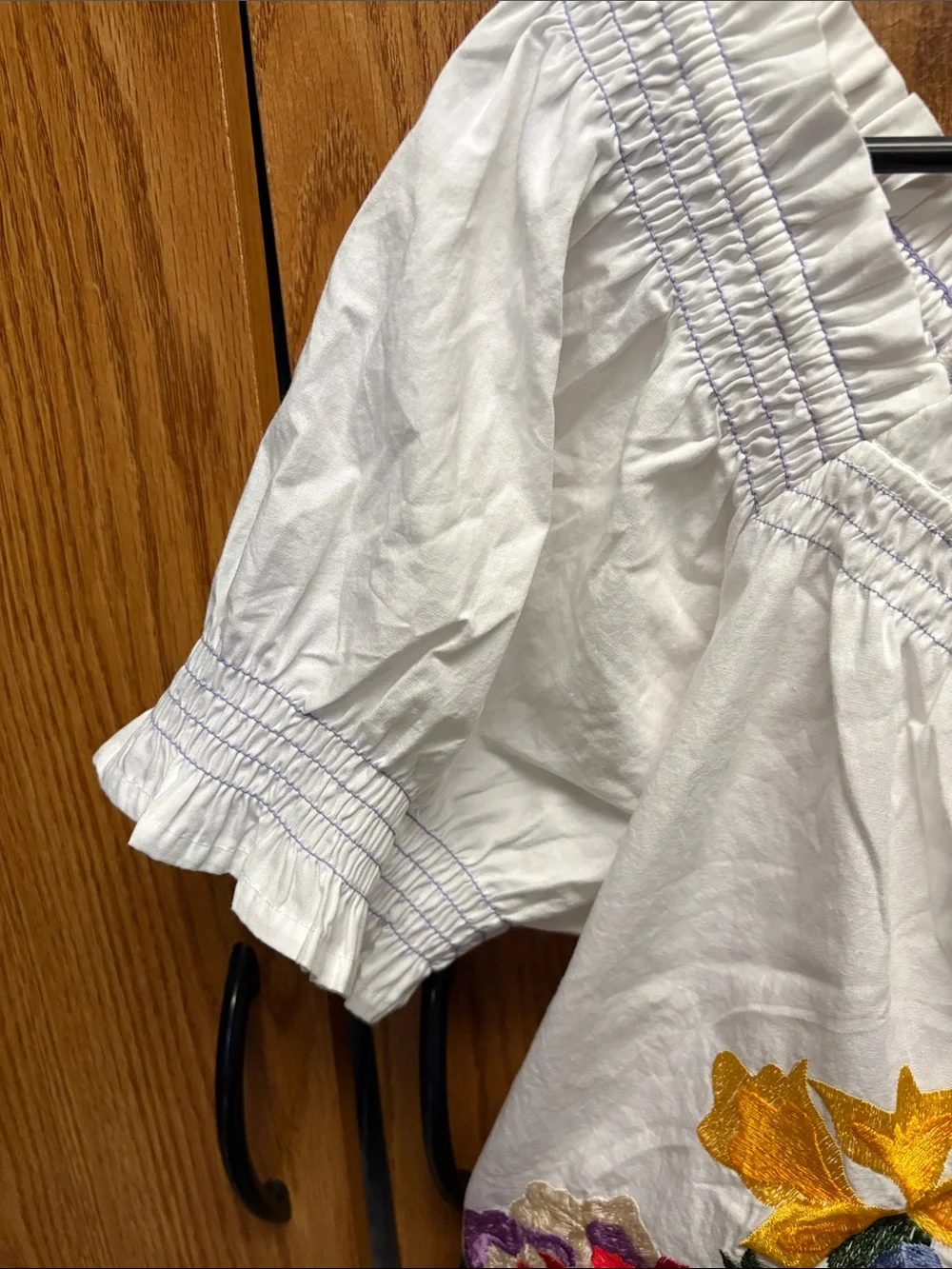 Anthropologie White Off-Shoulder Embroidered Floral Blouse